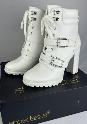 #ad Shoe Dazzle Womens 9 Analisa Ankle Bootie Lace Up Block Heel Lug Sole White Boot $33.39