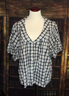 #ad Old Navy Top Blouse XL Black White Plaid Womens V Peter Pan Collar Short Sleeve $12.99
