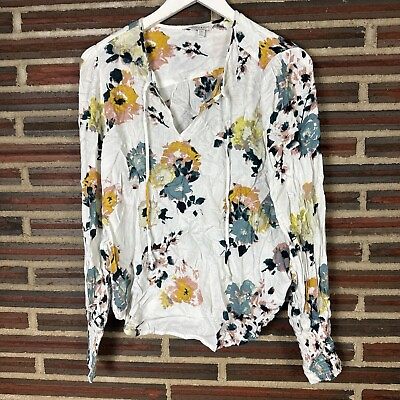 #ad Lucky Brand Blouse Floral White Colorful Spring Long Sleeve Lightweight Shirt M $14.99