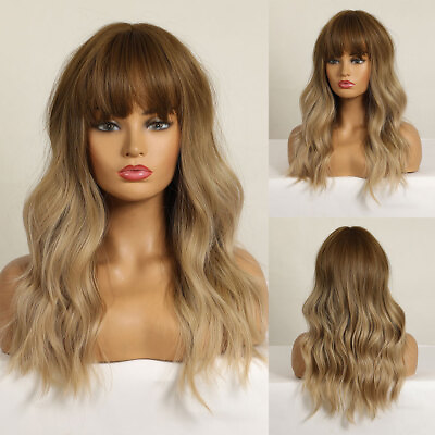 #ad US Long Natural Wavy Ombre Brown Blonde Wigs with Bangs for Women Daily Use Hair $17.99