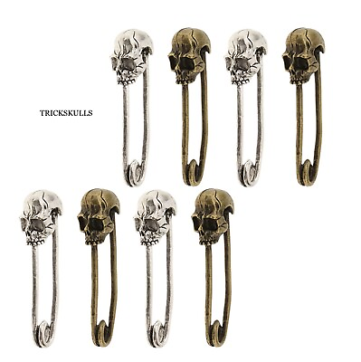 #ad Skull Head Safety Pins No Open Ornament Charm Ancient Silver Bronze Punk 6 Pack $22.00