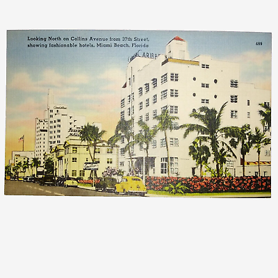 #ad Hotels Collins Avenue Miami Beach Florida Antique Cars Postcard Linen Palm Trees $4.31