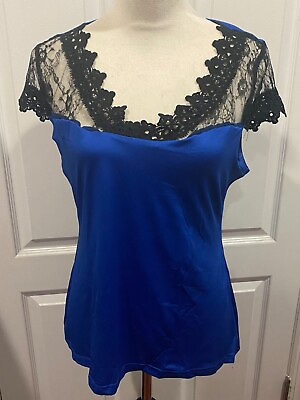 #ad Women V Neck Shirt Short Lace Sleeve Sz M Blue $24.99