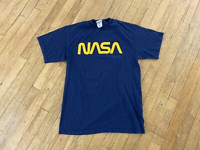 #ad vintage nasa space shuttle t shirt size medium Navy Yellow Spellout Basicss $11.89