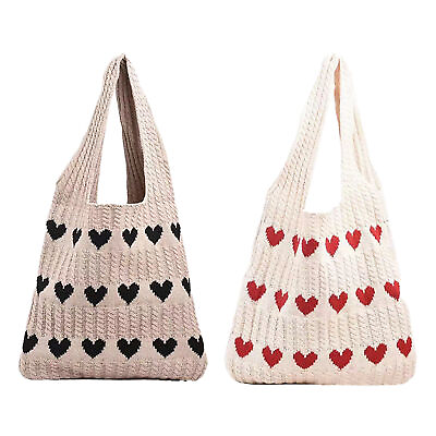 #ad Hand Crocheted Tote Bag Cute Knit Shoulder Bag with Heart Shaped Pattern $18.67