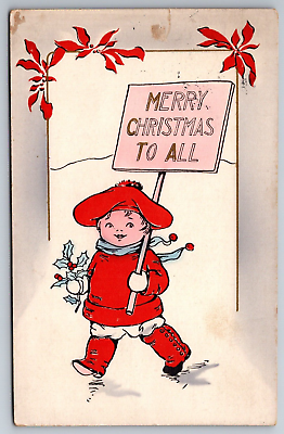 #ad Little Boy Carries Sign Merry Christmas To All Holly Red Suit Postcard $8.50