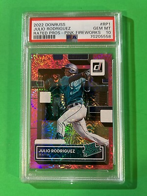 #ad 2022 Donruss JULIO RODRIGUEZ Rookie Rated Prospect PINK FIREWORKS #RP1 PSA 10 🔥 $159.00