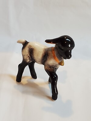 #ad Vintage Baby Sheep Lamb Ceramic Figurine Black White Neck Bell Collar $15.99