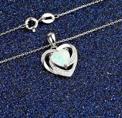 #ad 925 Sterling Silver Opal Heart Pendant Chain Necklace Womens Jewellery New Gift GBP 19.99