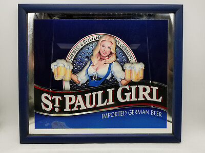 #ad Vintage St. Pauli Girl German Beer Framed Blue Sign Advertisement $79.99