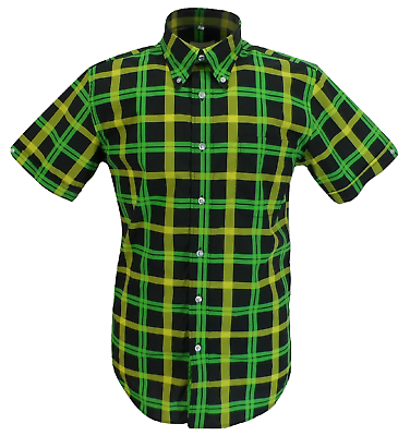 #ad Mazeys Mens Green Black Checked 100% Cotton Short Sleeved Shirts GBP 32.99
