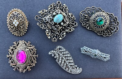 #ad 6 Vintage Unsigned Filigree Brooch Pin Mixed Jewelry Sterling Rhinestone Signed $35.00