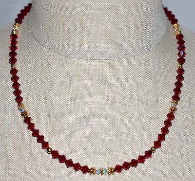 #ad VTG Gold Tone Red Clear Crystal Glass Bead Beaded Choker Necklace $28.05