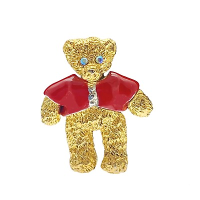 #ad Bear Brooch Gold Plated Crystal Eyes Unisex Teddy Textured Red Enamel 1.5 In $16.43
