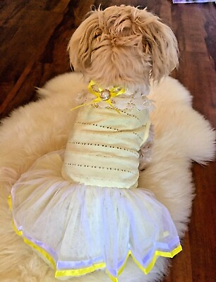 #ad Dog Dress Sunny Easter Yellow with Bow Embroidery Small 10 12quot; chest $13.99