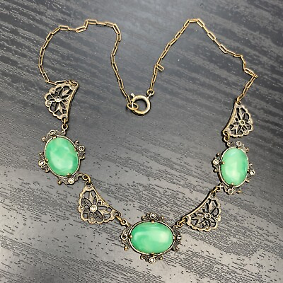 #ad Antique ART DECO Antique Nouveau Green Glass Marcasite￼ Vintage Brass Necklace $125.00