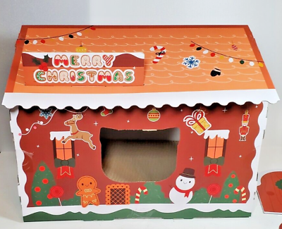 #ad Cardboard Cat House with Scratch Pad Cat Beds for Indoor Cats Christmas House $19.99