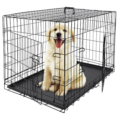 #ad 24quot; 36quot; 42quot; Durable Dog Crate Kennel Folding Metal Pet Cage 2 Door With Tray Pan $61.58