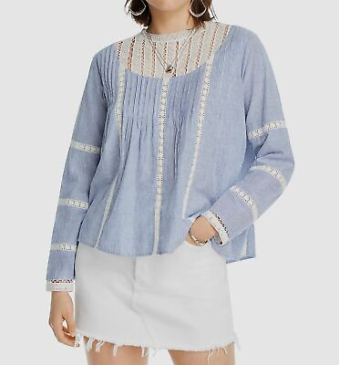 #ad $354 LINI Women#x27;s Blue White Lace Long Sleeve Cotton Blouse Shirt Top Size 8 $51.98