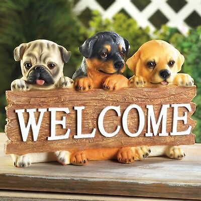#ad Adorable Puppy Dog Parade WELCOME Sign Garden Statue Figurine Patio Yard Decor $29.98