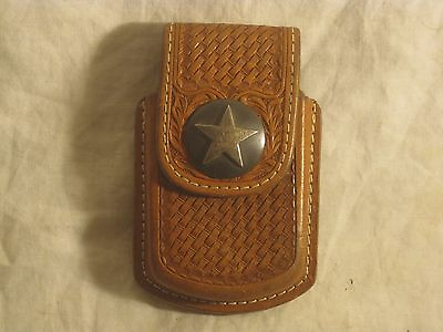 #ad PC 135 genuine hand tooled leather metal star back clip small holder pouch $25.50