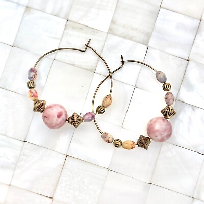 #ad Multicolor Pink Beaded Hoops Earrings Gold Tone The Vintage Strand Lot #2670 $8.49