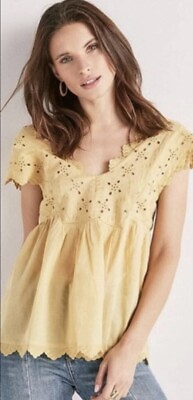 #ad LUCKY BRAND Womens S Yellow Eyelet Blouse Shirt Top Pretty Summer Lightweight $8.72