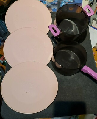 #ad 2003 Barbie 2 Pots with Purple Handle and Pans 3 Pink dishes 1Salt Shaker $11.99