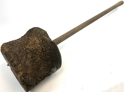 #ad Antique RARE 34quot; X Large Two Handed Primitive Log Wood Stone Mason Mallet Hammer $74.99
