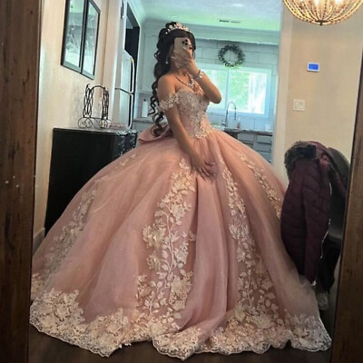 #ad Princess Pink Quinceanera Dresses Lace Applique Sweet15 16 Prom Party Ball Gowns $176.00