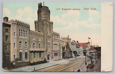 #ad Bldgs amp; Folks In Street View Of The 14th Regiment Armory In New York PM 1910 PC $3.00