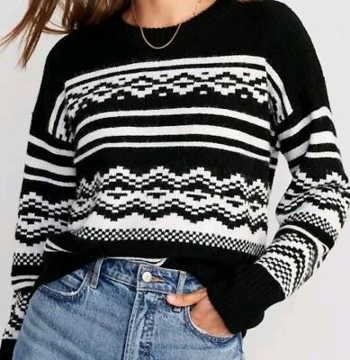 #ad NWT Women#x27;s Old Navy Cozy Pullover Sweater Size M 8 10 Black Fair Isle Fuzzy $14.95