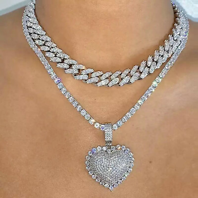 #ad #ad 18k Platinum Filled 5mm Round Simulated Diamond Tennis Necklace amp; Heart Pendant $169.00