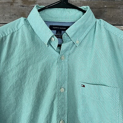#ad Tommy Hilfiger 80s 2 Ply Fabric Mens Button Down Shirt Size M Medium Green Long $17.95
