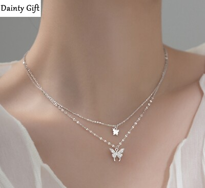 #ad Women Girl 925 Sterling Silver CZ Butterfly Double Chain Choker Necklace 14 15quot; $19.99
