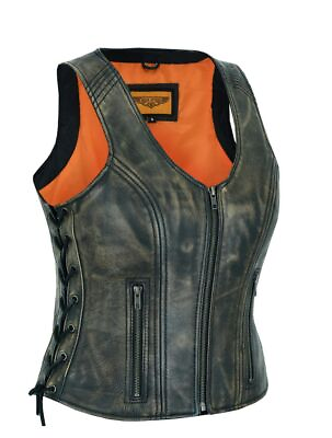 #ad Distressed Brown Women#x27;s Cowhide Leather Motorcycle Concealed Biker Vest $89.99
