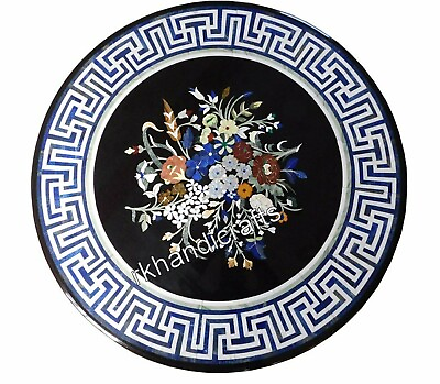 #ad Antique Art Inlay Work Dining Table Top Round Black Marble Kitchen Center Table $1732.94