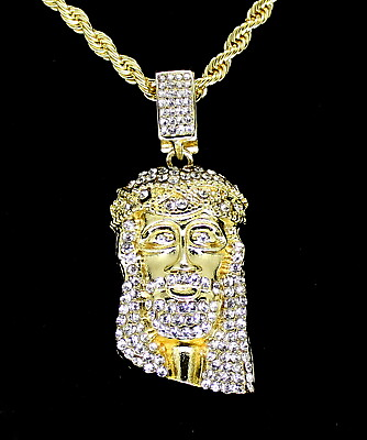 #ad Iced CZ Jesus Pendant Hip Hop Fashion 14k Gold Plated w 24quot; Rope Chain $9.45
