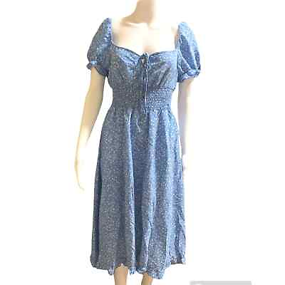 #ad Shein Women#x27;s Size Large Dress Blue Floral Tie Neck Frilled Hem Puff Sleeve $8.46