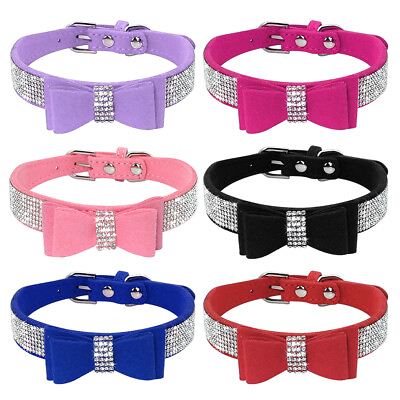 #ad #ad Suede Leather Rhinestone Dog Collar Cute Bow Tie Cat Puppy Small Dogs Chihuahua $8.99