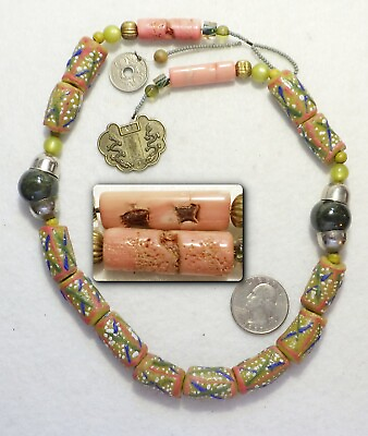 #ad Handcrafted Beads Peach Coral Glass French Coin Chinese Zodiac Charm Necklace $46.24