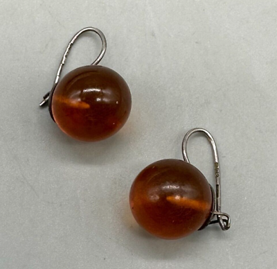 #ad Vintage Earrings Amber Colored Balls Sterling Silver Kidney Wires Dainty Small $25.49