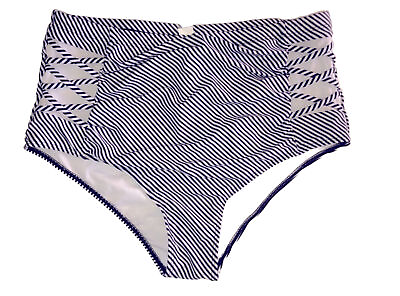 #ad NWOT swim bottom high rise white navy stripe side criss cross and mesh 14W $5.00