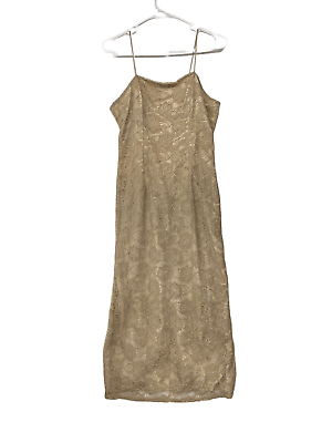 #ad SCALA Maxi Gold Dress Medium Beaded Formal Spaghetti Strap Champagne Gold Nude D $34.20