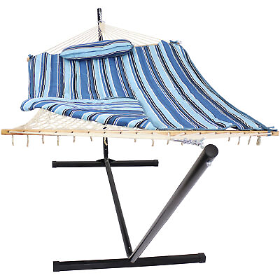 #ad Large Rope Hammock with Steel Stand and Pad Pillow Misty Beach by Sunnydaze $139.00