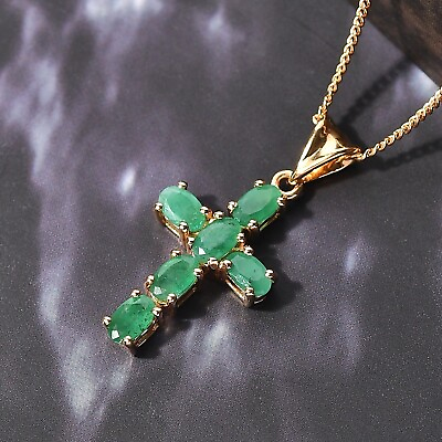 #ad Natural Emerald Gemstone CROSS Pendant Necklace 925 Sterling Silver Pendant $54.89