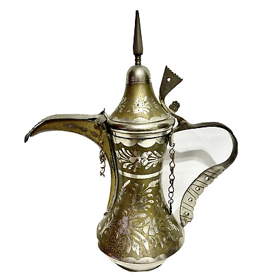 #ad DALLAH COFFEE POT MIDDLE EAST PITCHER 13 5 8” TALL BRASS AND NICKEL FINISH ENGRA $100.00