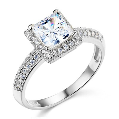 #ad 14K White Gold Cubic Zirconia Princess Stone Engagement Women#x27;s Ring $360.86