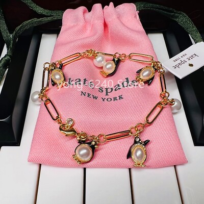 #ad NWT Kate ks Spade Penguin Bracelet Charm Pearl Arctic Friends Chain w Dust Bag $23.99