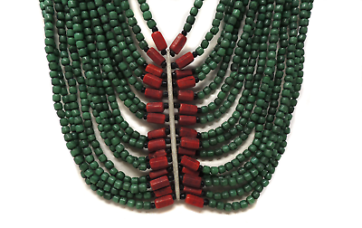 #ad Tibetan Necklace 15 Strand Green And Red Color Beads $125.00